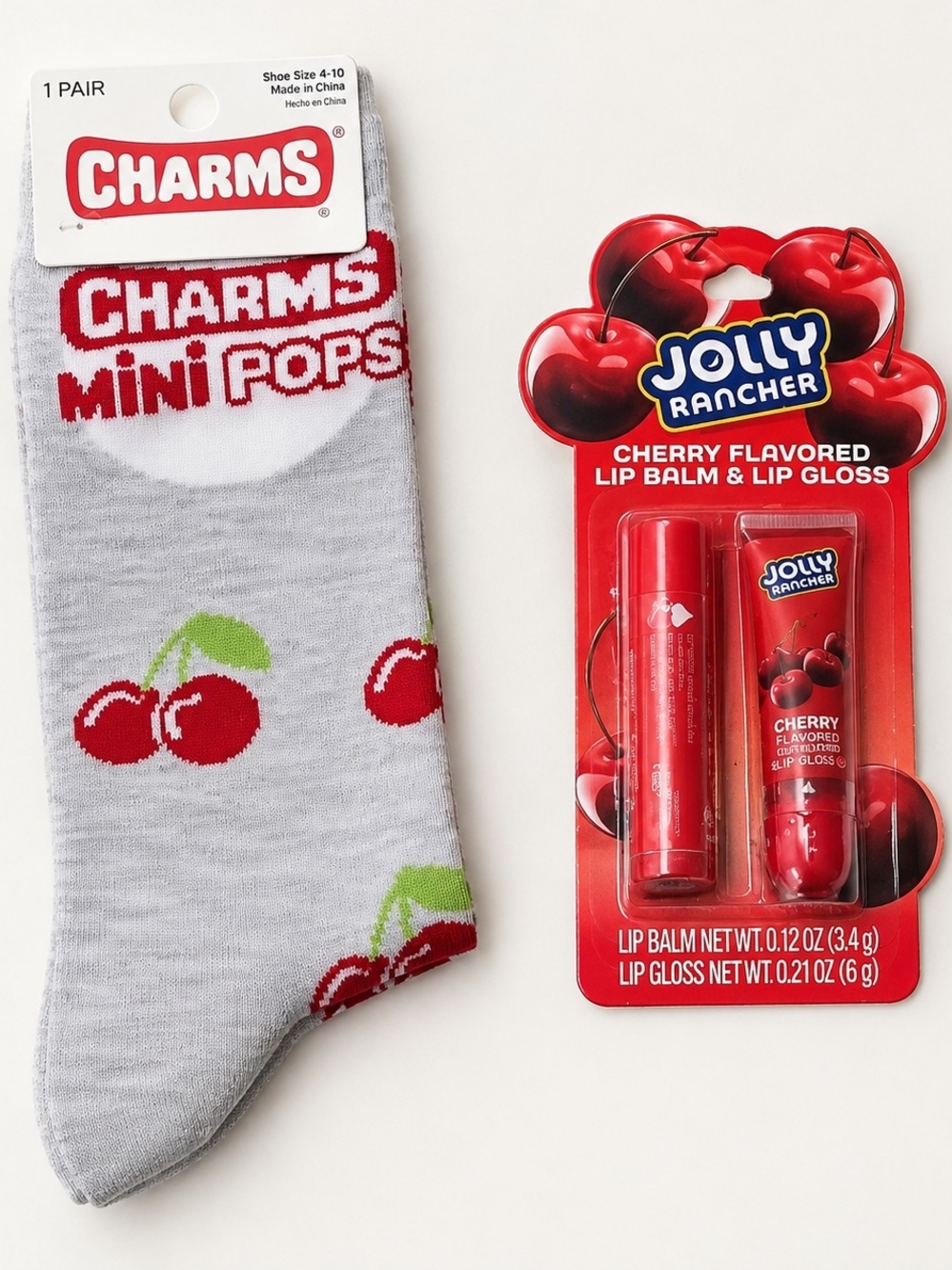 Cherry Socks & Lip Balm And Lip Gloss Bundle